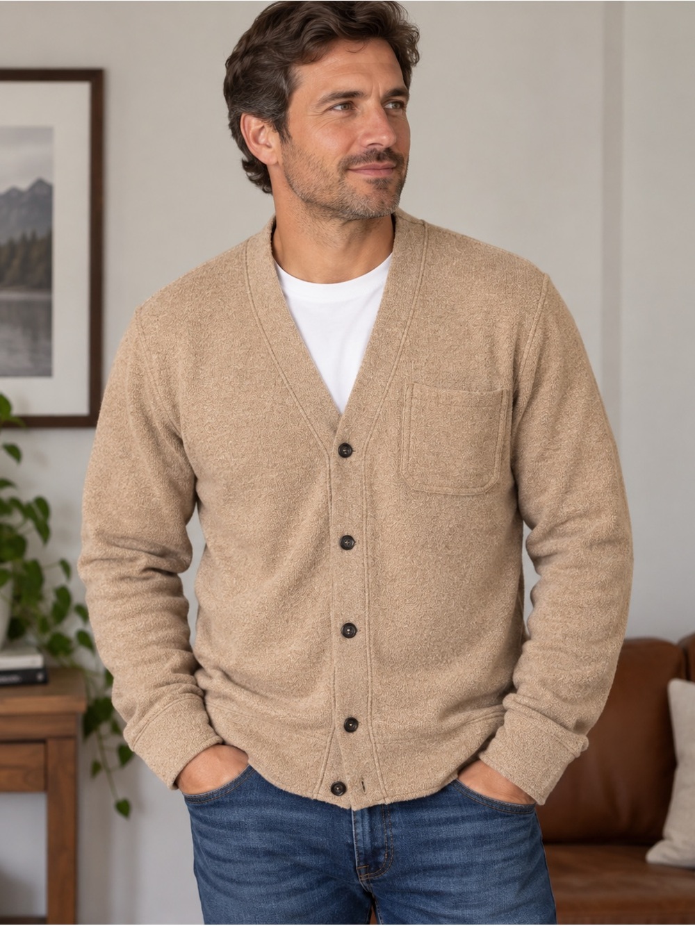 Banana Republic Men’s XL Wool Blend Cardigan Sweater Tan Button Front